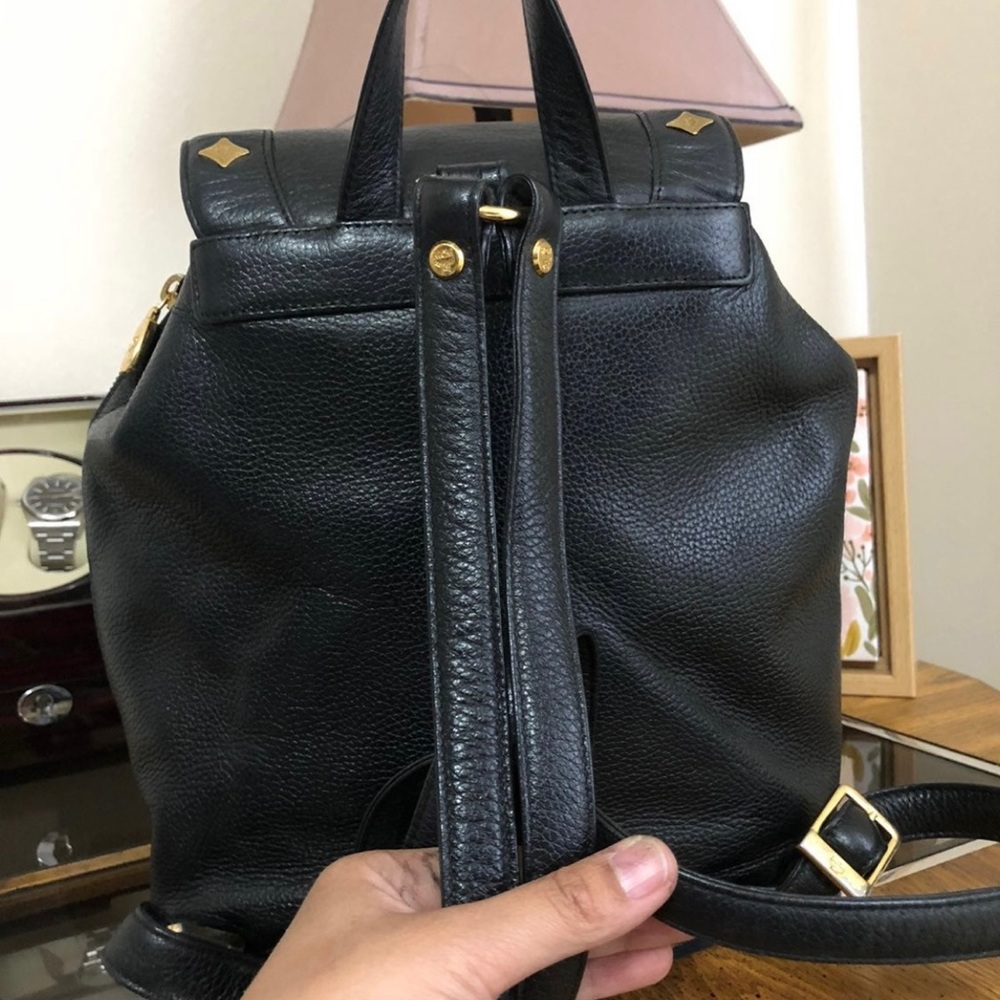 MCM Black Pebbled Leather Drawstring Backpack with Gold Hardware - Picture 5 of 6